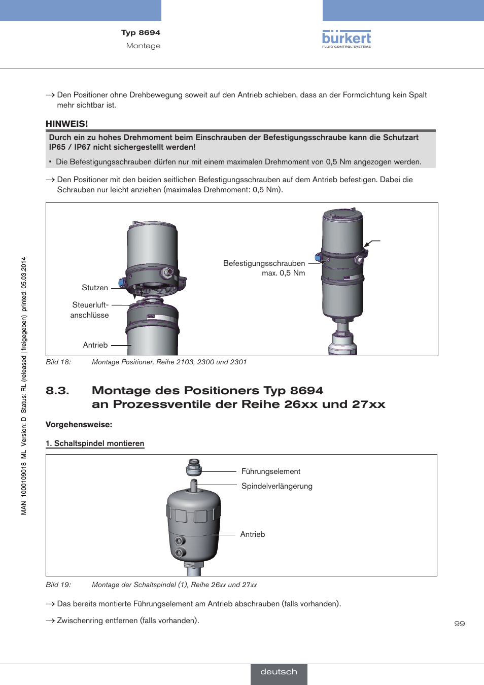 Montage des positioners typ 8694, An prozessventile der reihe 26xx und 27xx | Burkert Type 8694 User Manual | Page 99 / 196