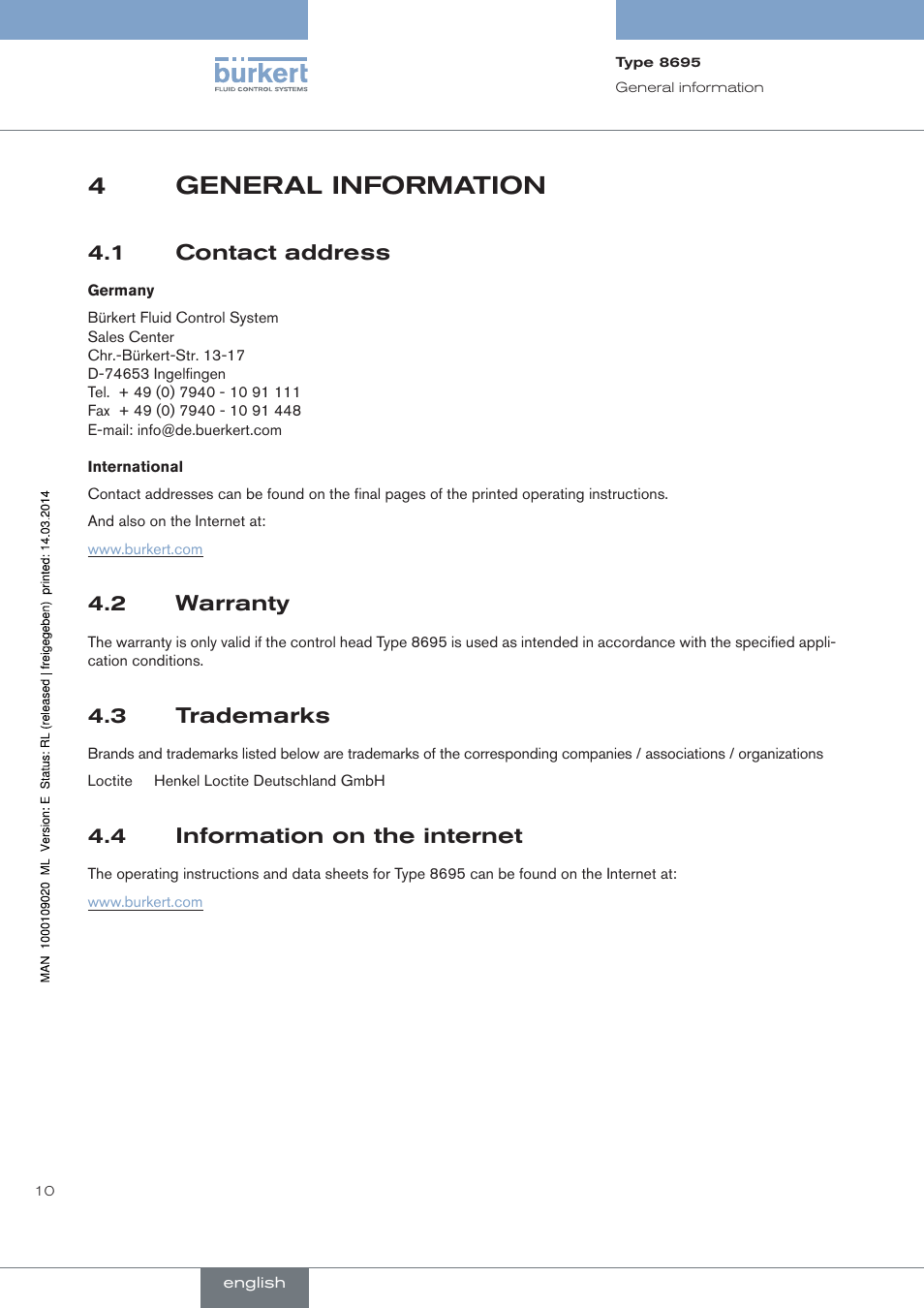 General information, Contact address, Warranty | Trademarks, Information on the internet, 4general information, 1 contact address, 2 warranty, 3 trademarks, 4 information on the internet | Burkert Type 8695 User Manual | Page 10 / 186