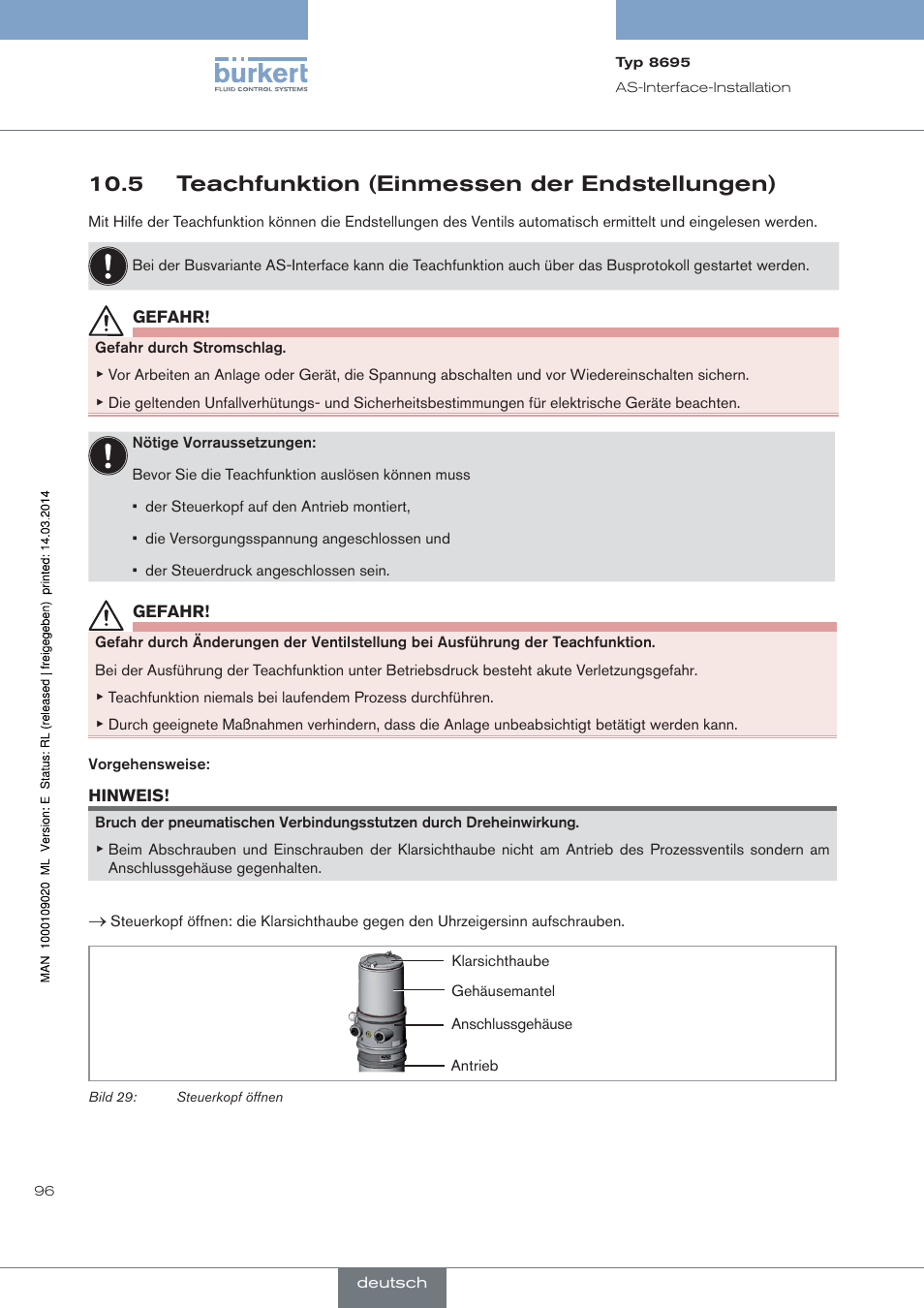 5 teachfunktion (einmessen der endstellungen) | Burkert Type 8695 User Manual | Page 100 / 186