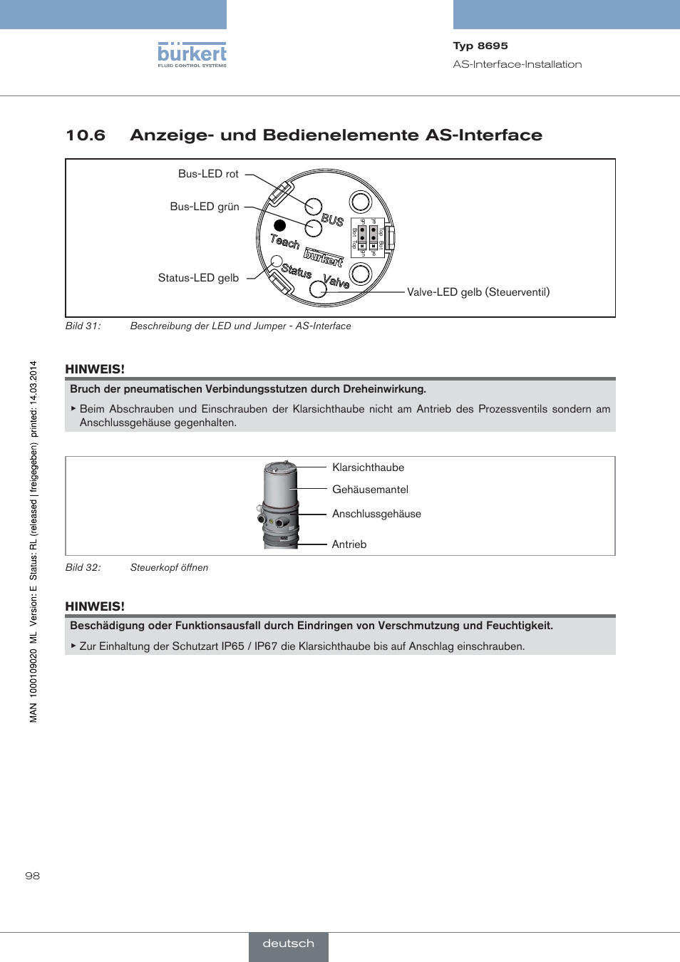 6 anzeige- und bedienelemente as-interface, Hinweis | Burkert Type 8695 User Manual | Page 102 / 186
