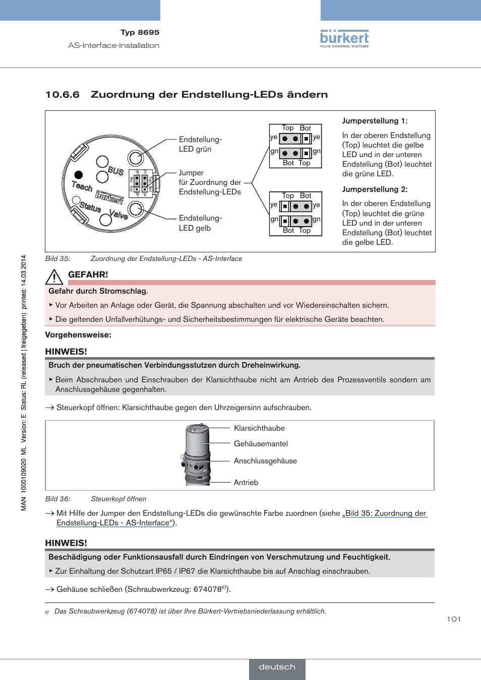Zuordnung der endstellung-leds ändern, 6 zuordnung der endstellung-leds ändern | Burkert Type 8695 User Manual | Page 105 / 186
