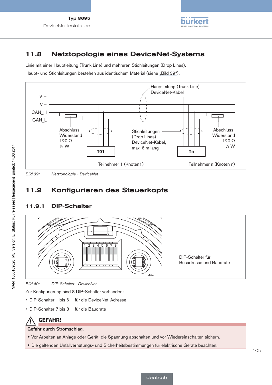 8 netztopologie eines devicenet-systems, 9 konfigurieren des steuerkopfs, Dip-schalter | Burkert Type 8695 User Manual | Page 109 / 186