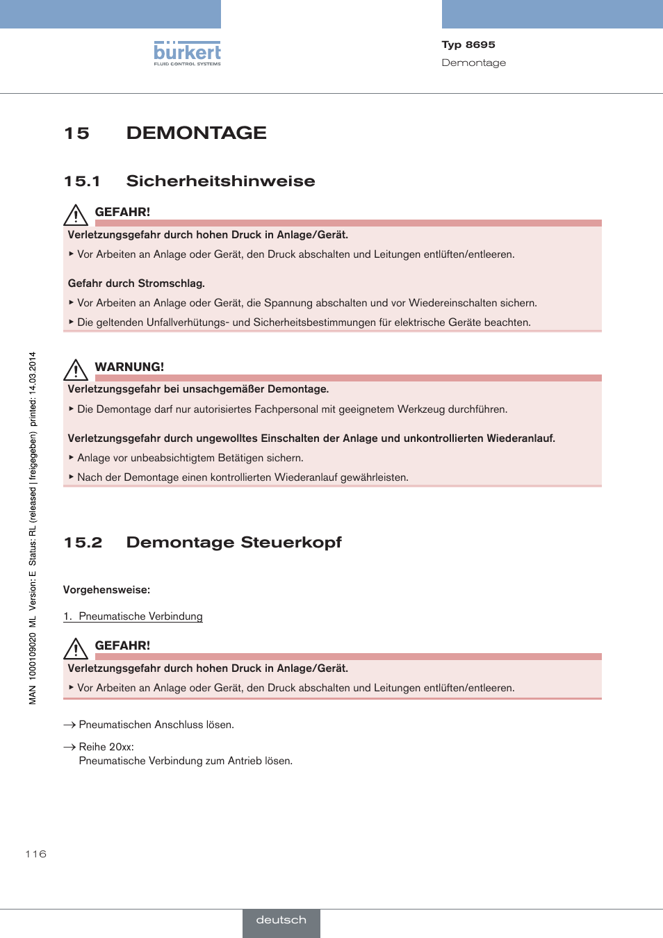 Demontage, 1 sicherheitshinweise, 2 demontage steuerkopf | 15 demontage | Burkert Type 8695 User Manual | Page 120 / 186