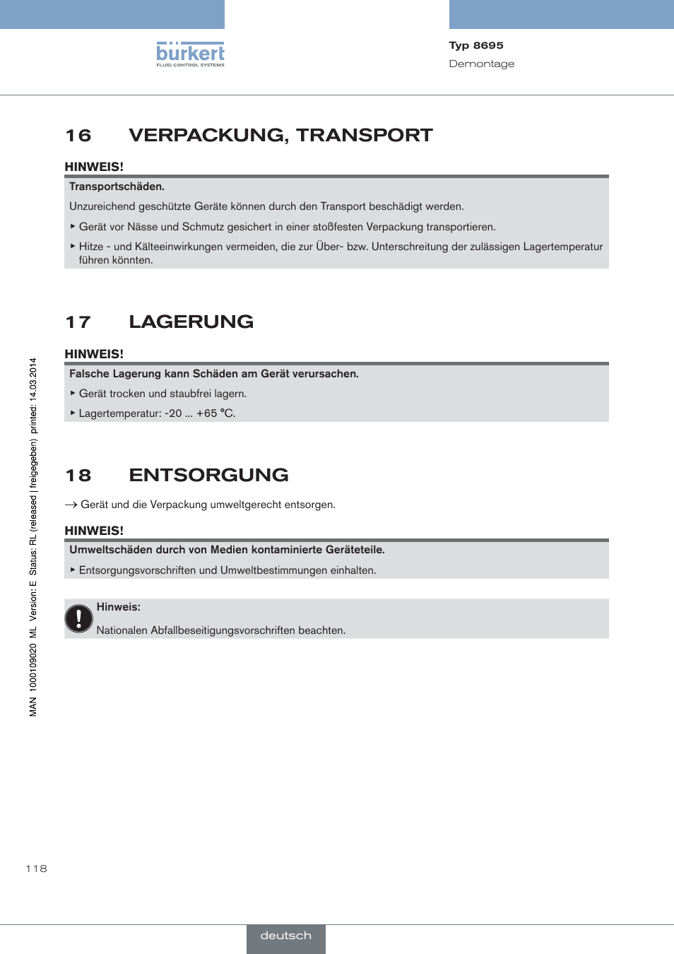 Verpackung, transport, Lagerung, Entsorgung | 16 verpackung, transport, 17 lagerung, 18 entsorgung | Burkert Type 8695 User Manual | Page 122 / 186