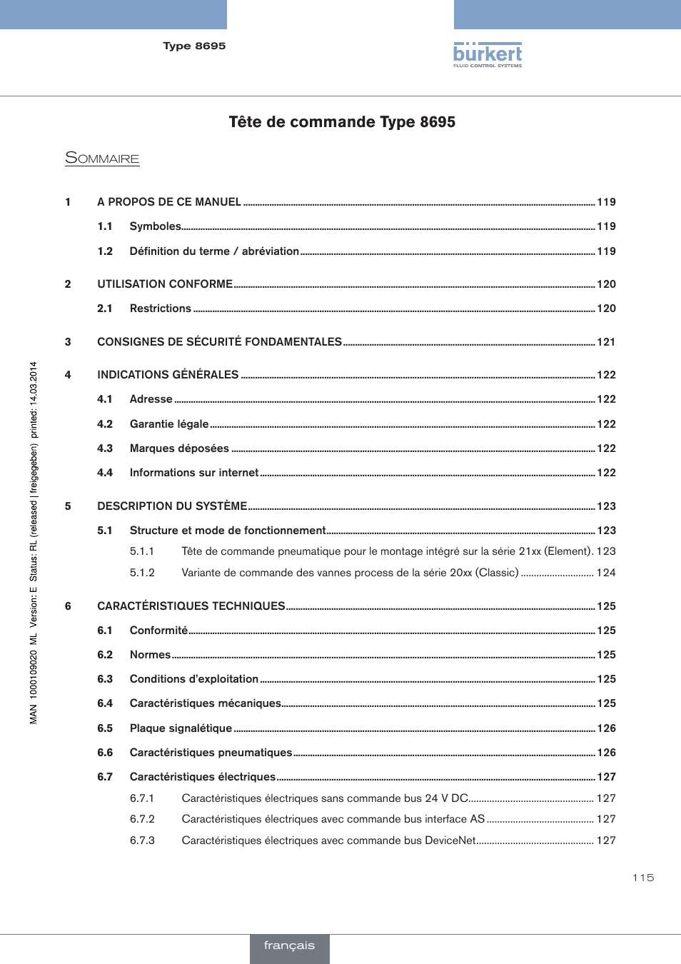 Français, Tête de commande type 8695 s | Burkert Type 8695 User Manual | Page 123 / 186