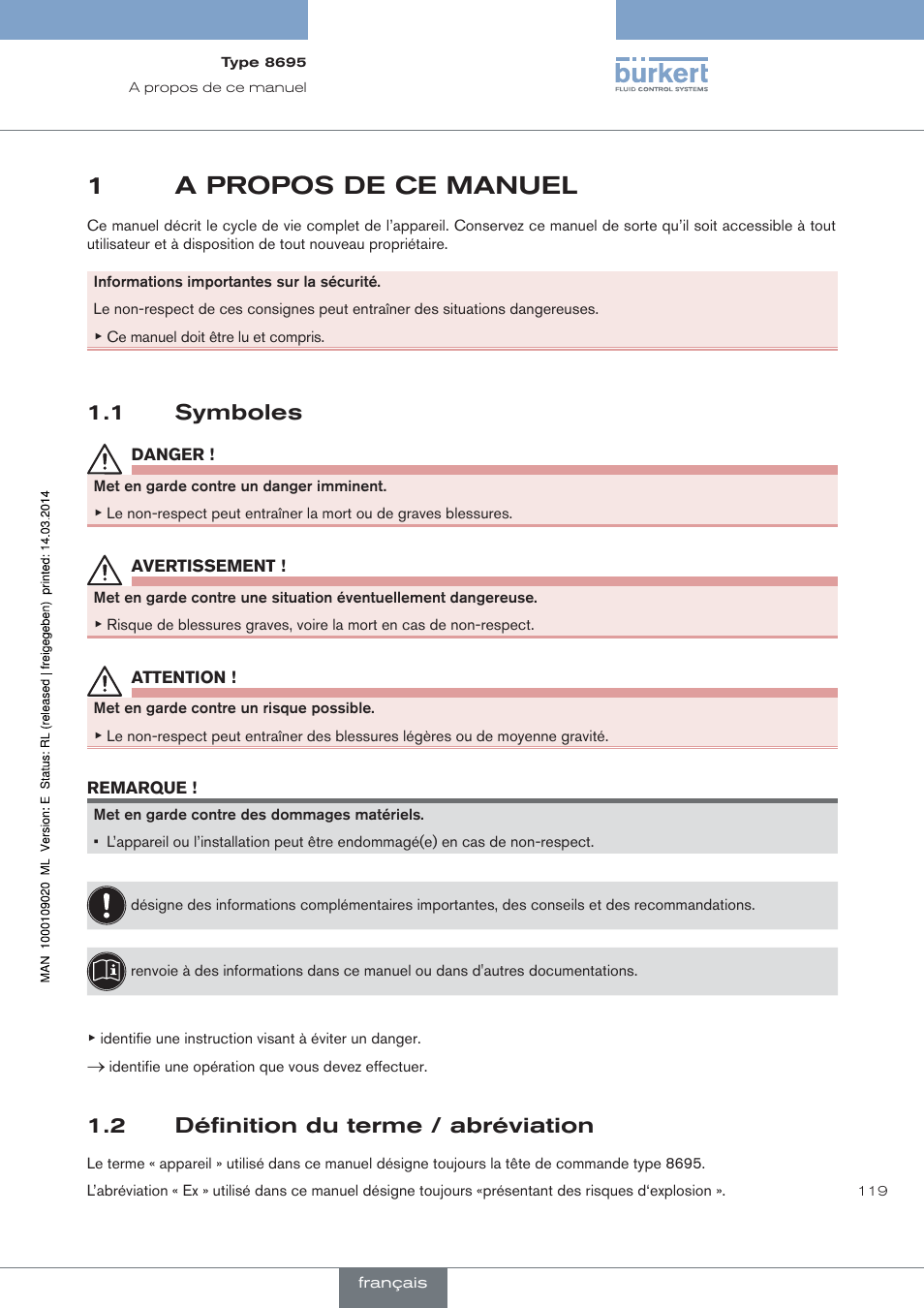 A propos de ce manuel, Symboles, Définition du terme / abréviation | 1a propos de ce manuel, 1 symboles, 2 définition du terme / abréviation | Burkert Type 8695 User Manual | Page 127 / 186