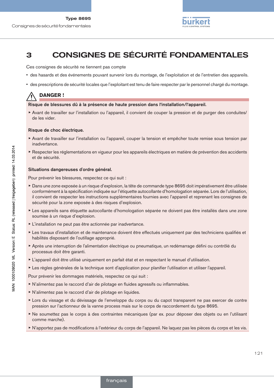 Consignes de sécurité fondamentales, 3consignes de sécurité fondamentales | Burkert Type 8695 User Manual | Page 129 / 186