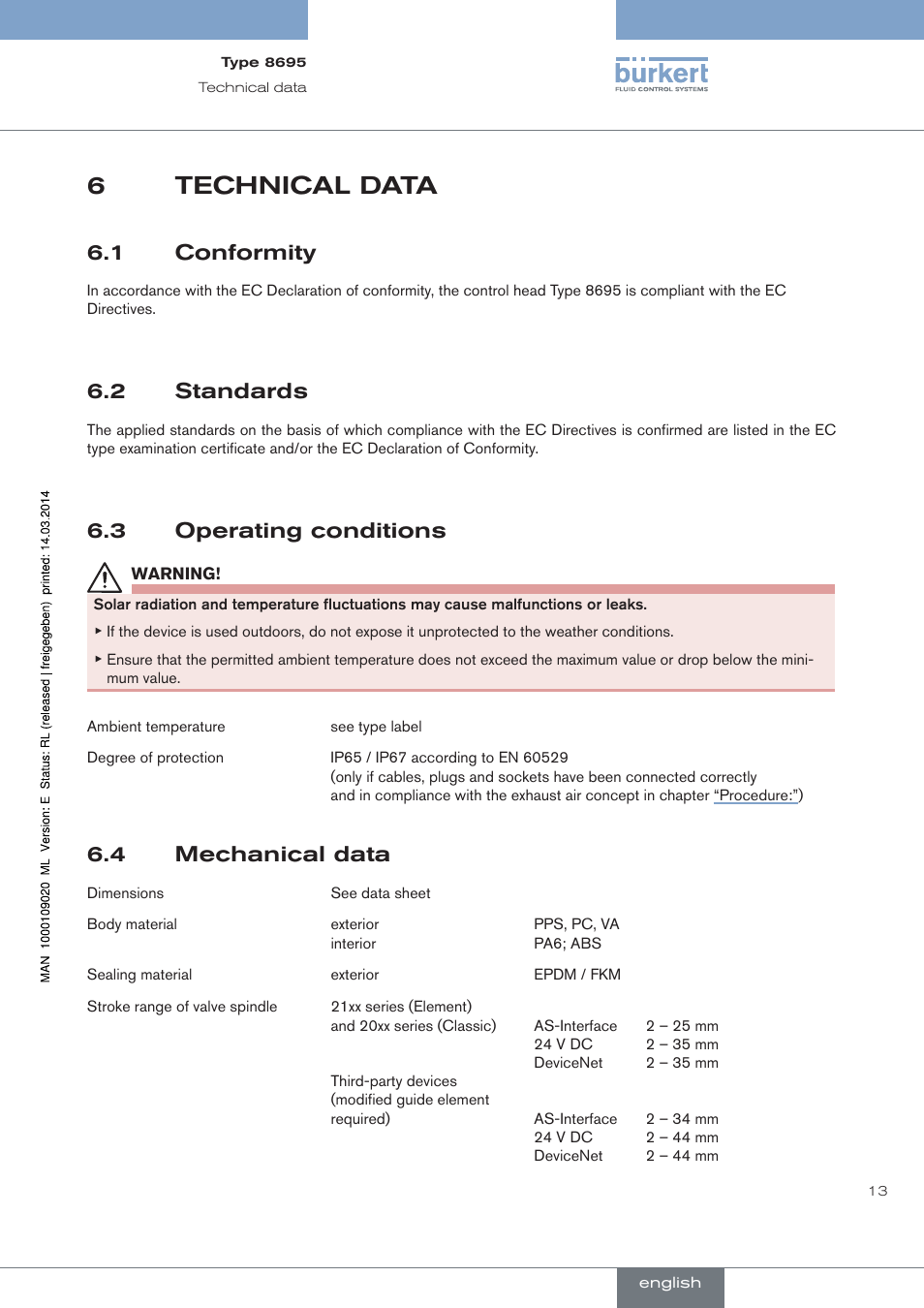 Technical data, Conformity, Standards | Operating conditions, Mechanical data, 6technical data, 1 conformity, 2 standards, 3 operating conditions, 4 mechanical data | Burkert Type 8695 User Manual | Page 13 / 186