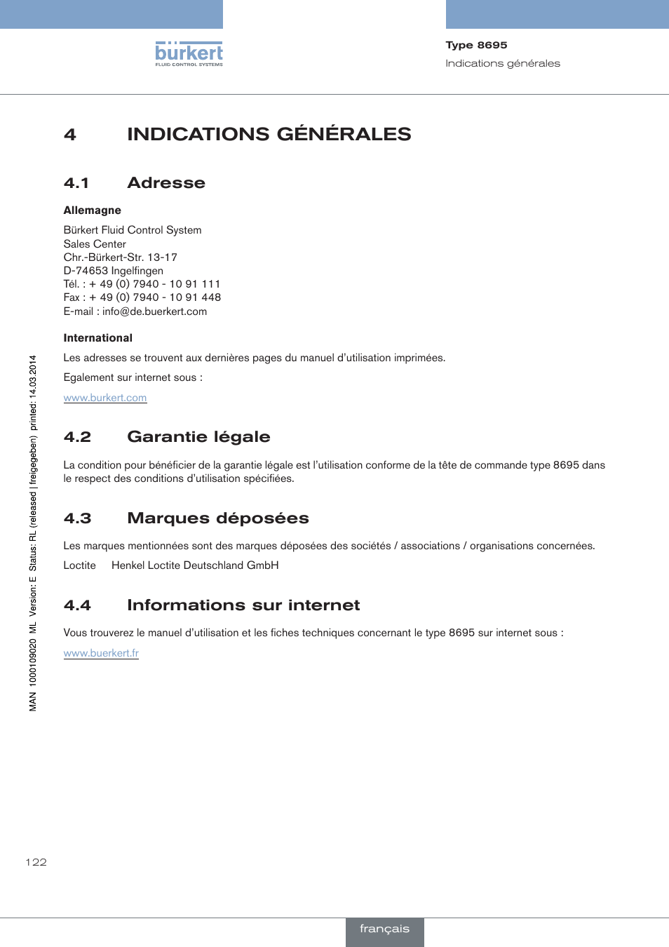 Indications générales, Adresse, Garantie légale | Marques déposées, Informations sur internet, 4indications générales, 1 adresse, 2 garantie légale, 3 marques déposées, 4 informations sur internet | Burkert Type 8695 User Manual | Page 130 / 186