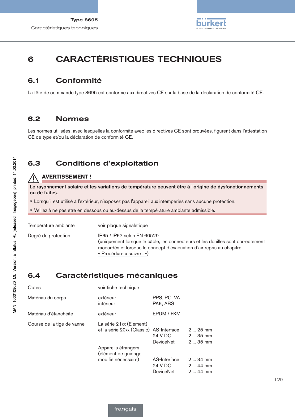 Caractéristiques techniques, Conformité, Normes | Conditions d’exploitation, Caractéristiques mécaniques, 6caractéristiques techniques, 1 conformité, 2 normes, 3 conditions d’exploitation, 4 caractéristiques mécaniques | Burkert Type 8695 User Manual | Page 133 / 186