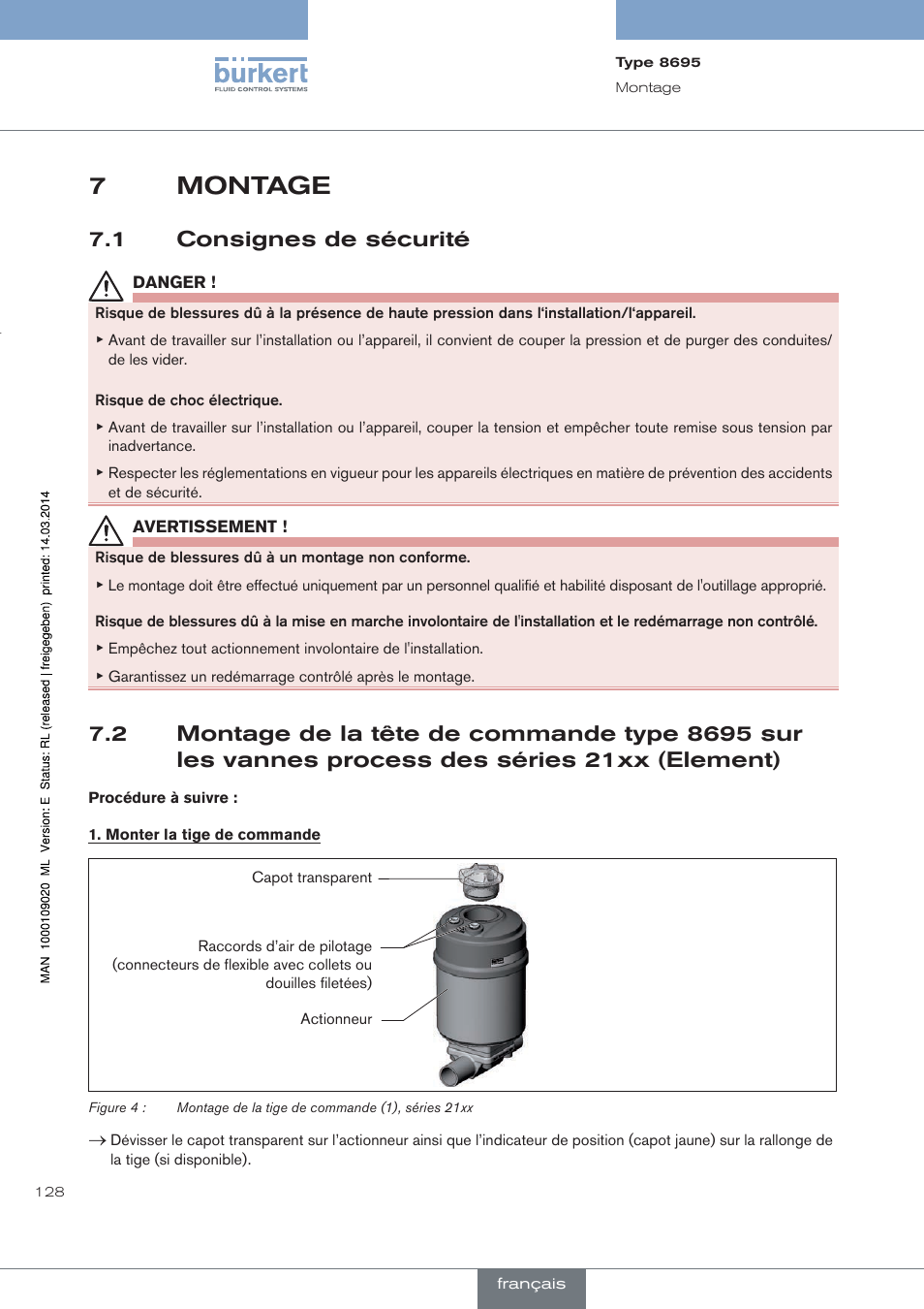 Montage, Consignes de sécurité, Element) | 7montage, 1 consignes de sécurité | Burkert Type 8695 User Manual | Page 136 / 186