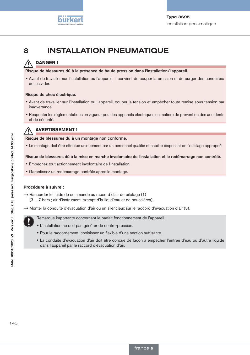 Installation pneumatique, 8installation pneumatique | Burkert Type 8695 User Manual | Page 148 / 186