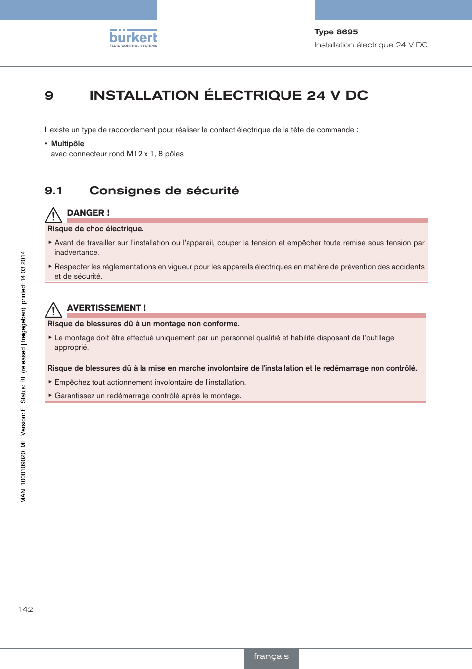 Installation électrique 24 v dc, Consignes de sécurité, 9installation électrique 24 v dc | 1 consignes de sécurité | Burkert Type 8695 User Manual | Page 150 / 186