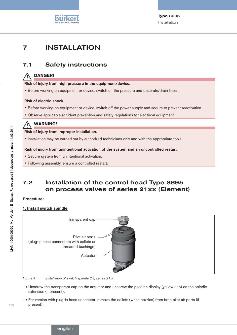 Installation, Safety instructions, 7installation | 1 safety instructions | Burkert Type 8695 User Manual | Page 16 / 186