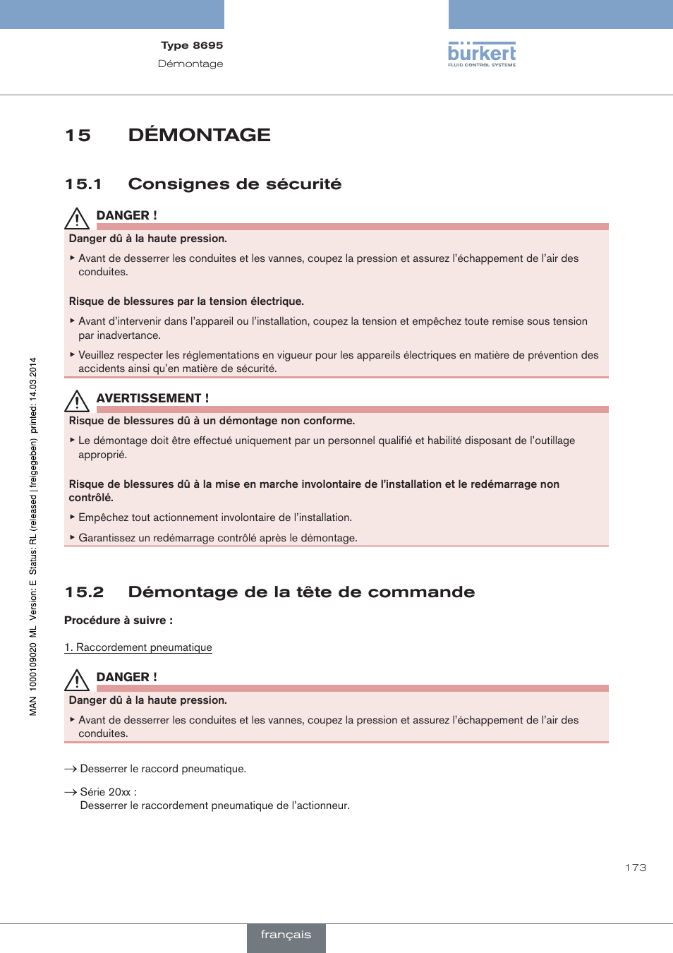 Démontage, 1 consignes de sécurité, 2 démontage de la tête de commande | 15 démontage | Burkert Type 8695 User Manual | Page 181 / 186