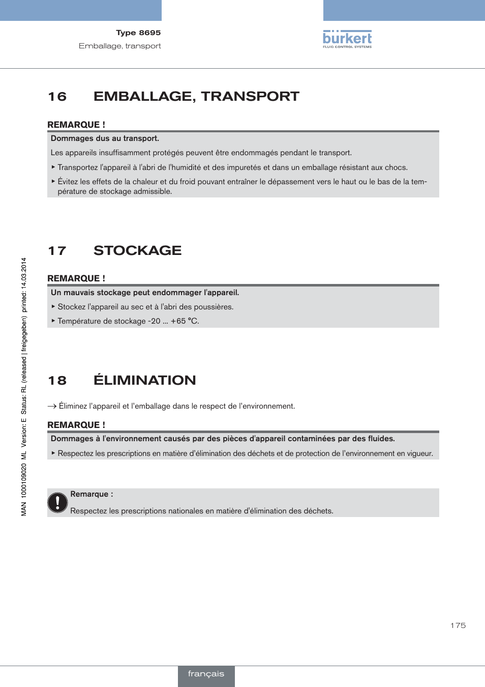 Emballage, transport, Stockage, Élimination | 16 emballage, transport, 17 stockage, 18 élimination | Burkert Type 8695 User Manual | Page 183 / 186