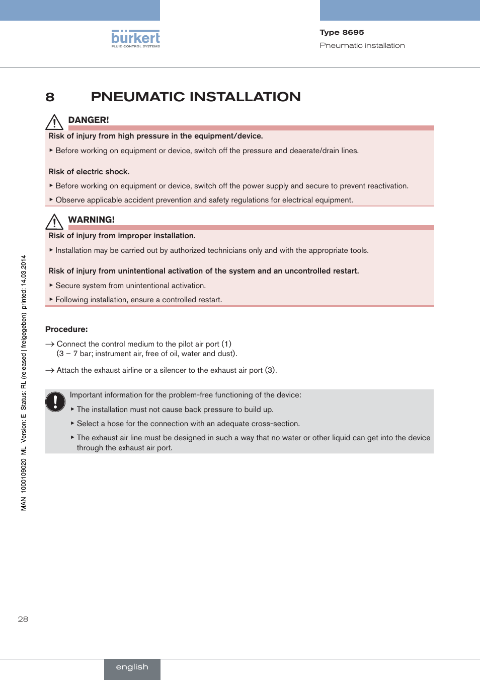 Pneumatic installation, 8pneumatic installation | Burkert Type 8695 User Manual | Page 28 / 186
