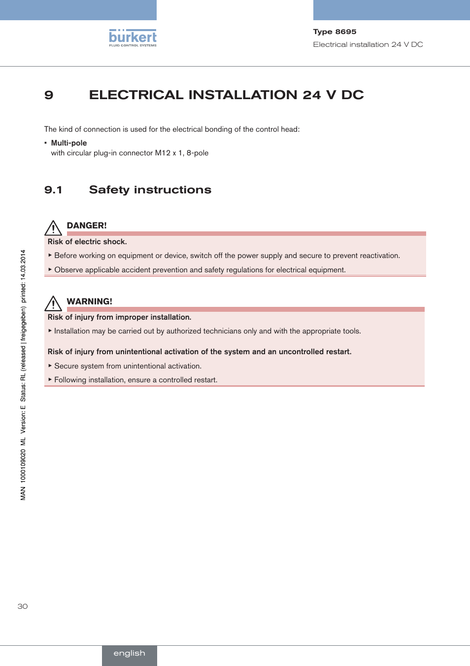 Electrical installation 24 v dc, Safety instructions, 9electrical installation 24 v dc | 1 safety instructions | Burkert Type 8695 User Manual | Page 30 / 186