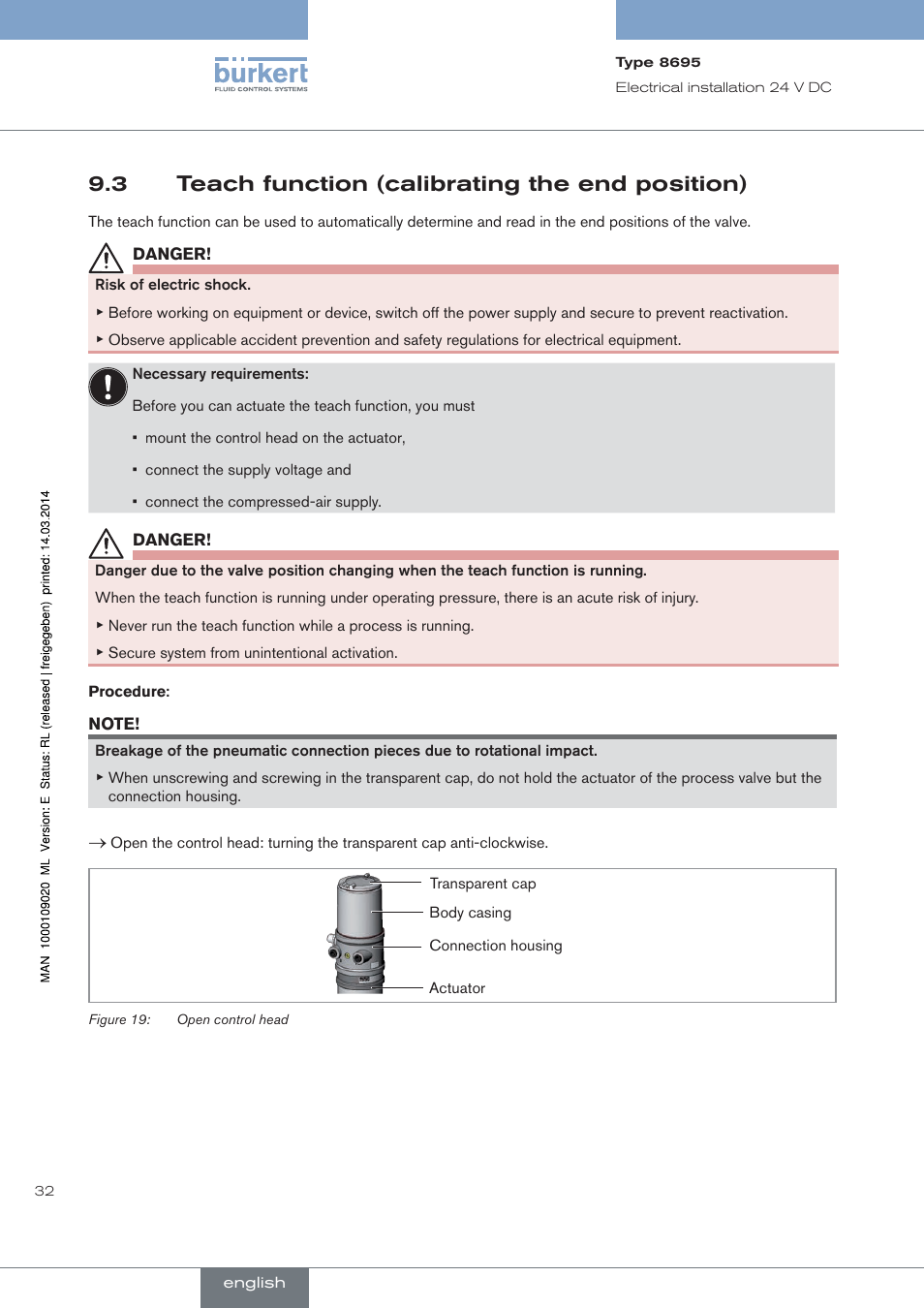 Teach function (calibrating the end position), 3 teach function (calibrating the end position) | Burkert Type 8695 User Manual | Page 32 / 186