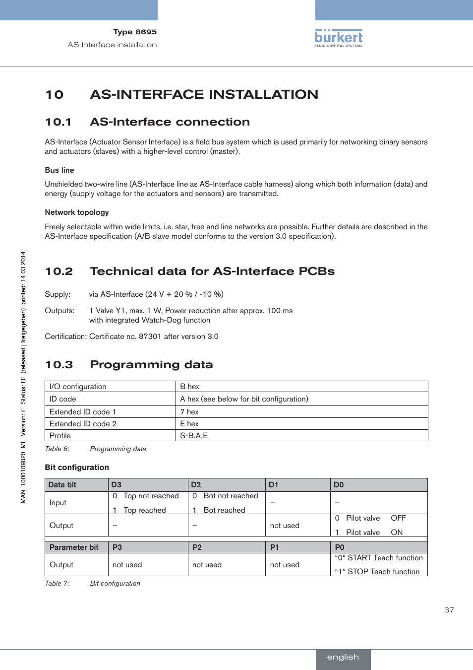 As-interface installation, 1 as-interface connection, 2 technical data for as-interface pcbs | 3 programming data, 10 as-interface installation | Burkert Type 8695 User Manual | Page 37 / 186