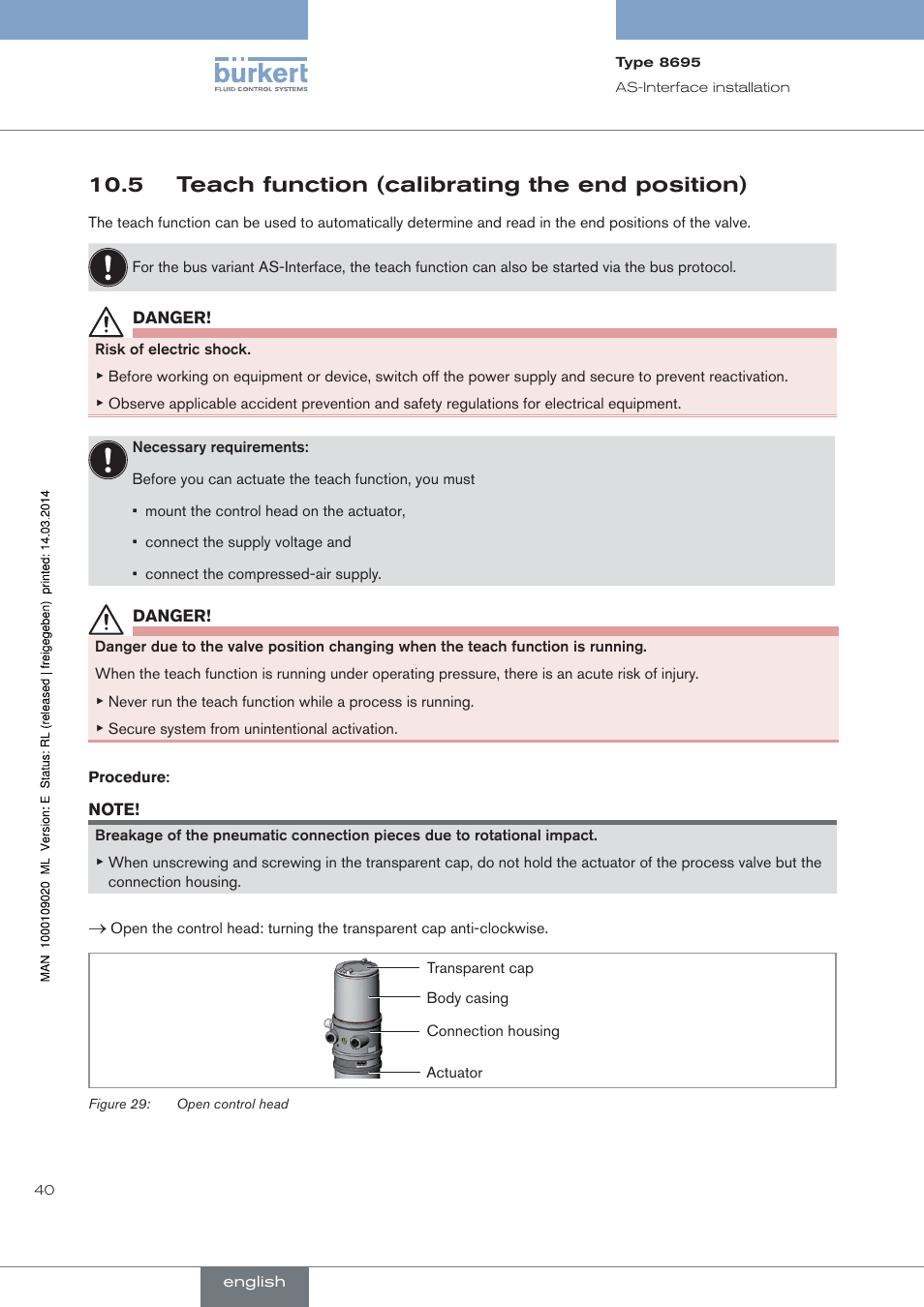 5 teach function (calibrating the end position) | Burkert Type 8695 User Manual | Page 40 / 186