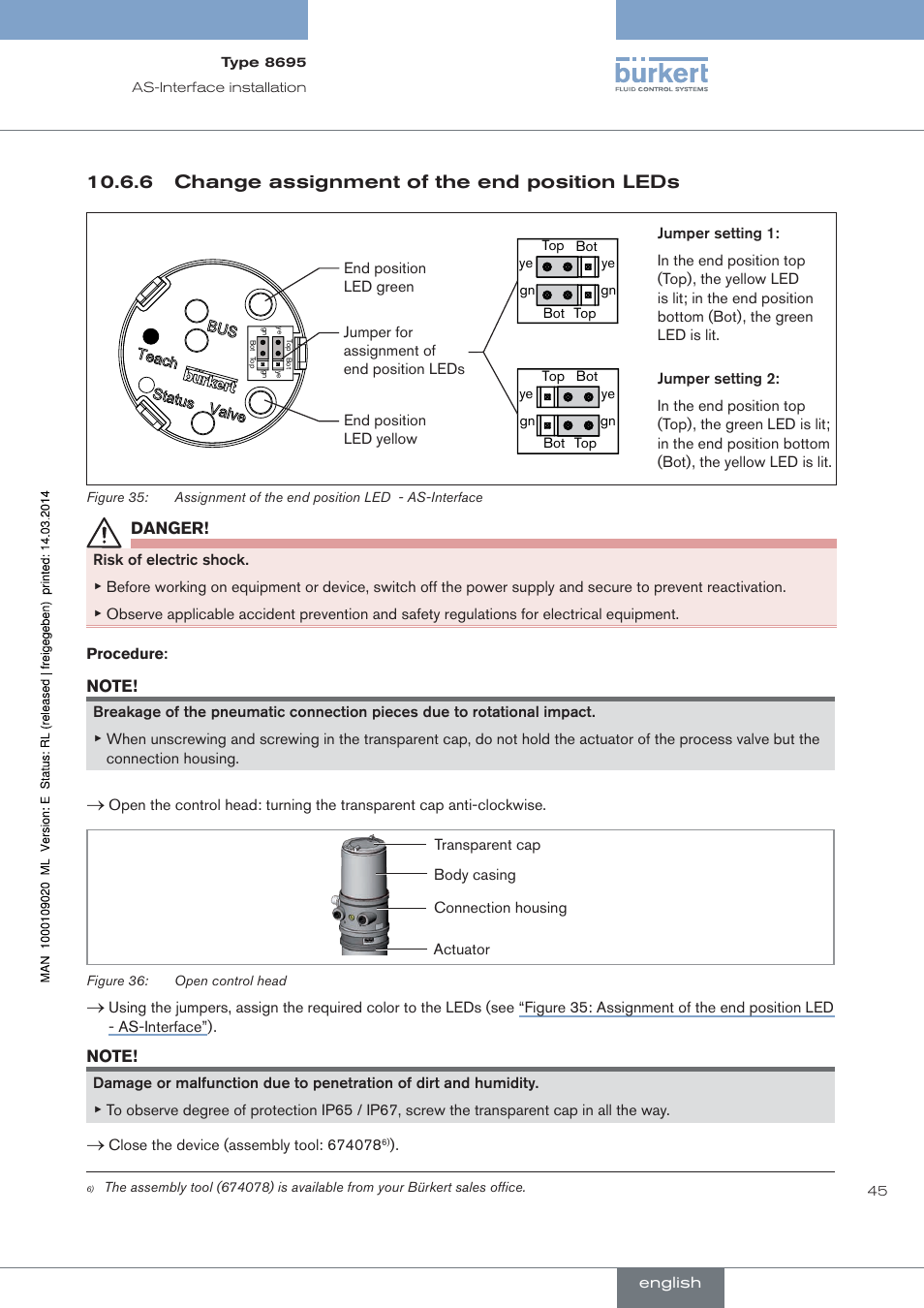 Change assignment of the end position leds, 6 change assignment of the end position leds | Burkert Type 8695 User Manual | Page 45 / 186