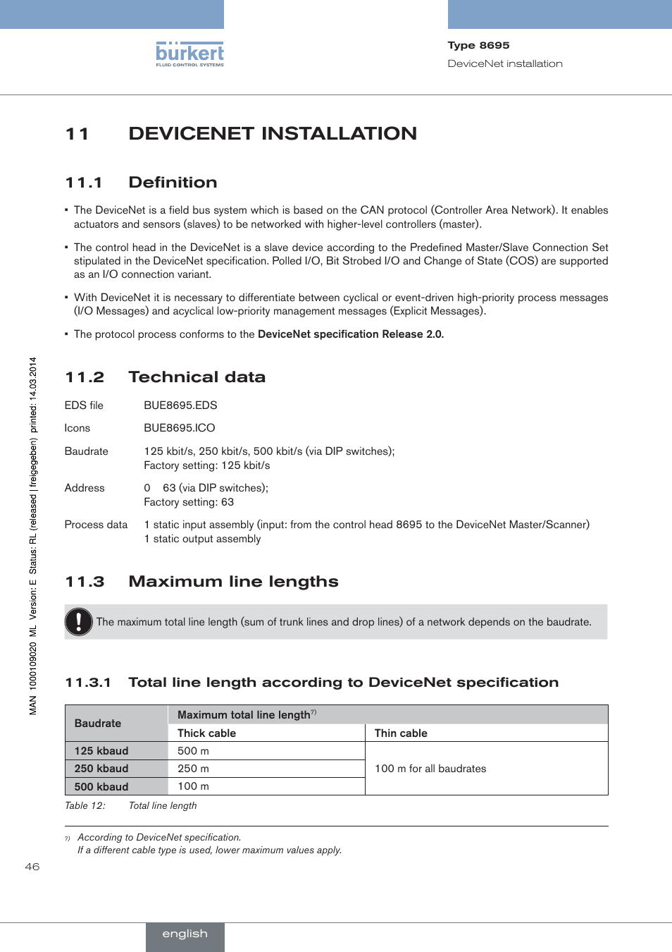 Devicenet installation, 1 definition, 2 technical data | 3 maximum line lengths, 11 devicenet installation | Burkert Type 8695 User Manual | Page 46 / 186