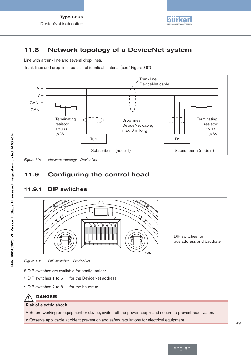 8 network topology of a devicenet system, 9 configuring the control head, Dip switches | Burkert Type 8695 User Manual | Page 49 / 186