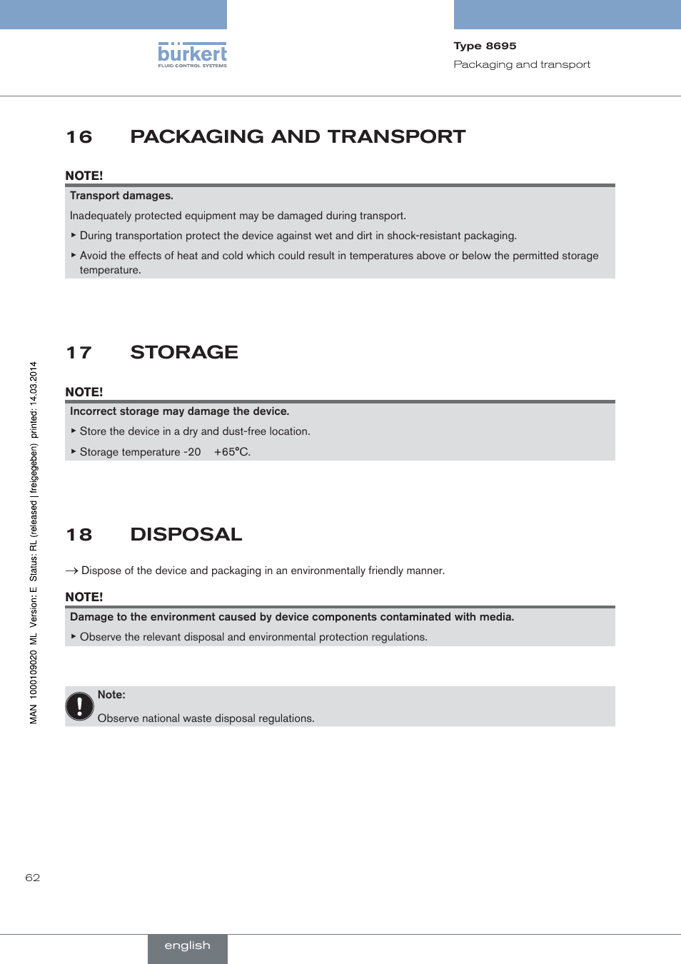 Packaging and transport, Storage, Disposal | 16 packaging and transport, 17 storage, 18 disposal | Burkert Type 8695 User Manual | Page 62 / 186