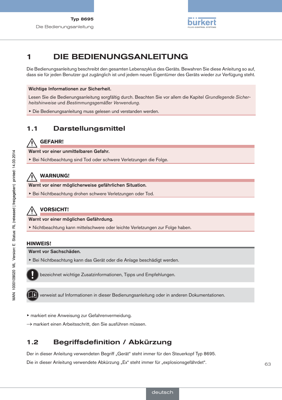 Die bedienungsanleitung, Darstellungsmittel, Begriffsdefinition / abkürzung | 1die bedienungsanleitung, 1 darstellungsmittel, 2 begriffsdefinition / abkürzung | Burkert Type 8695 User Manual | Page 67 / 186