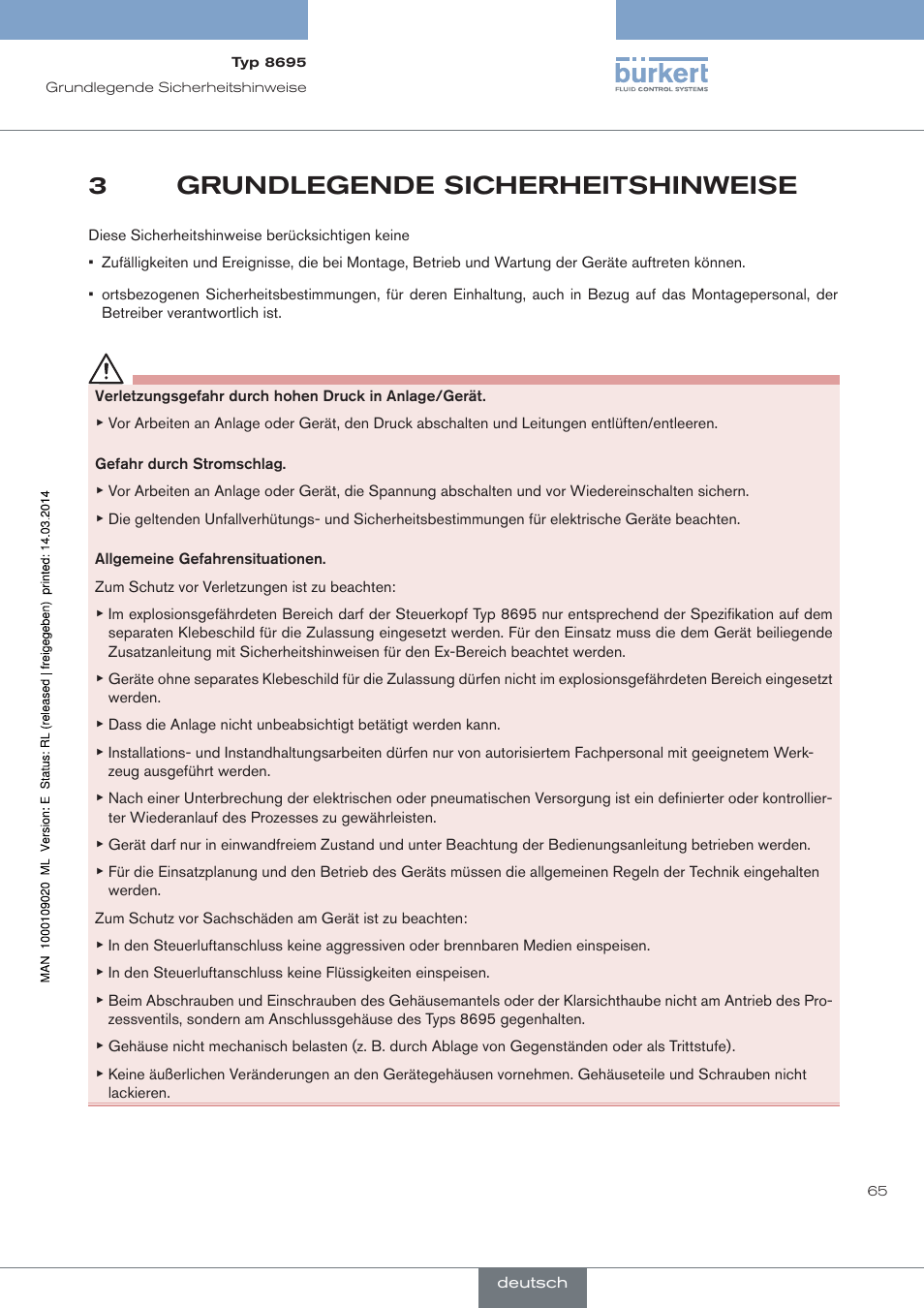 Grundlegende sicherheitshinweise, 3grundlegende sicherheitshinweise | Burkert Type 8695 User Manual | Page 69 / 186