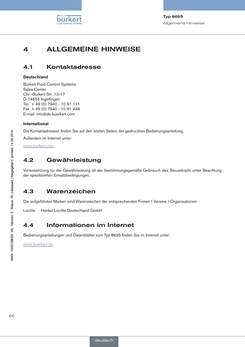 Allgemeine hinweise, Kontaktadresse, Gewährleistung | Warenzeichen, Informationen im internet, 4allgemeine hinweise, 1 kontaktadresse, 2 gewährleistung, 3 warenzeichen, 4 informationen im internet | Burkert Type 8695 User Manual | Page 70 / 186