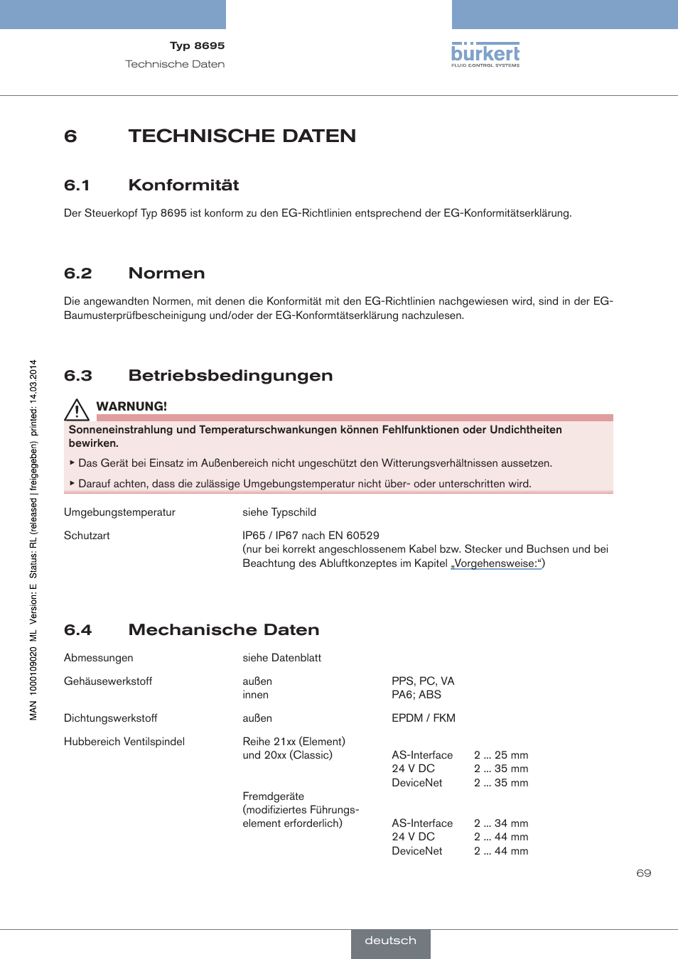 Technische daten, Konformität, Normen | Betriebsbedingungen, Mechanische daten, 6technische daten, 1 konformität, 2 normen, 3 betriebsbedingungen, 4 mechanische daten | Burkert Type 8695 User Manual | Page 73 / 186