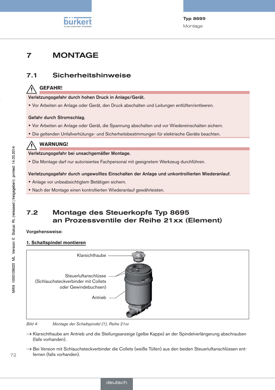 Montage, Sicherheitshinweise, 7montage | 1 sicherheitshinweise | Burkert Type 8695 User Manual | Page 76 / 186
