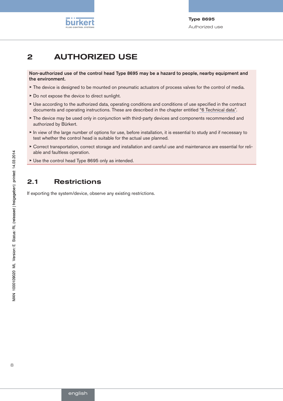 Authorized use, Restrictions, 2authorized use | 1 restrictions | Burkert Type 8695 User Manual | Page 8 / 186