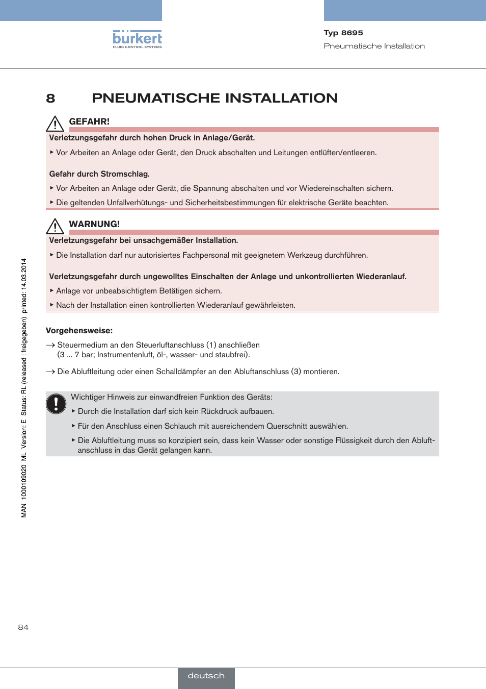 Pneumatische installation, 8pneumatische installation | Burkert Type 8695 User Manual | Page 88 / 186