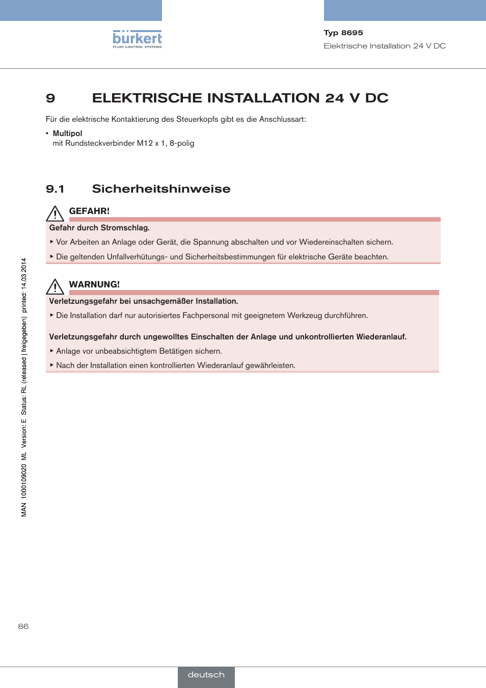 Elektrische installation 24 v dc, Sicherheitshinweise, 9elektrische installation 24 v dc | 1 sicherheitshinweise | Burkert Type 8695 User Manual | Page 90 / 186