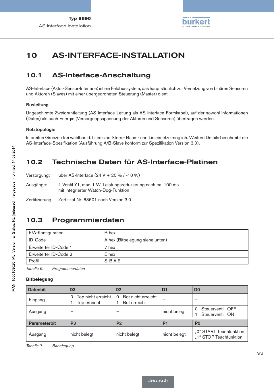 As-interface-installation, 1 as-interface-anschaltung, 2 technische daten für as-interface-platinen | 3 programmierdaten, 10 as-interface-installation | Burkert Type 8695 User Manual | Page 97 / 186