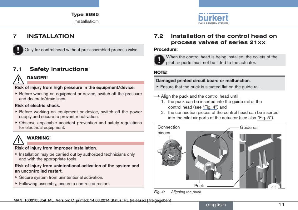 7 installation, Of series 21xx | Burkert Type 8695 User Manual | Page 11 / 76