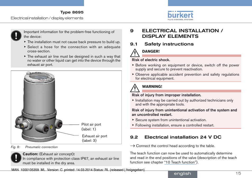 9 electrical installation / display elements | Burkert Type 8695 User Manual | Page 15 / 76