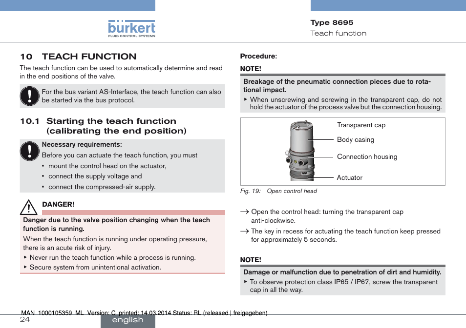 10 teach function, 1 starting the teach function (calibrating the end, Position) | Burkert Type 8695 User Manual | Page 24 / 76