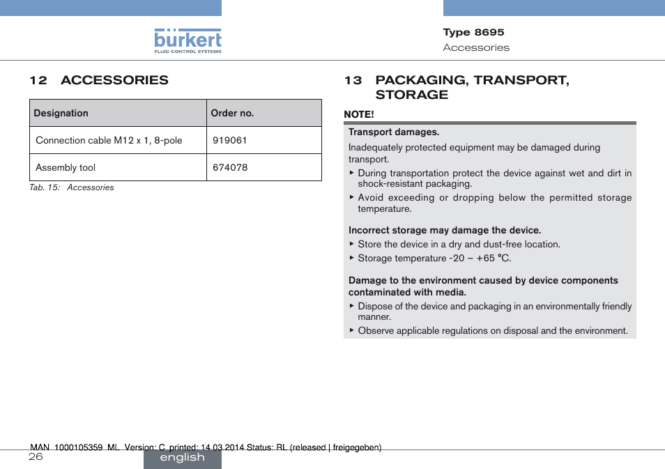 12 accessories, 13 packaging, transport, storage | Burkert Type 8695 User Manual | Page 26 / 76