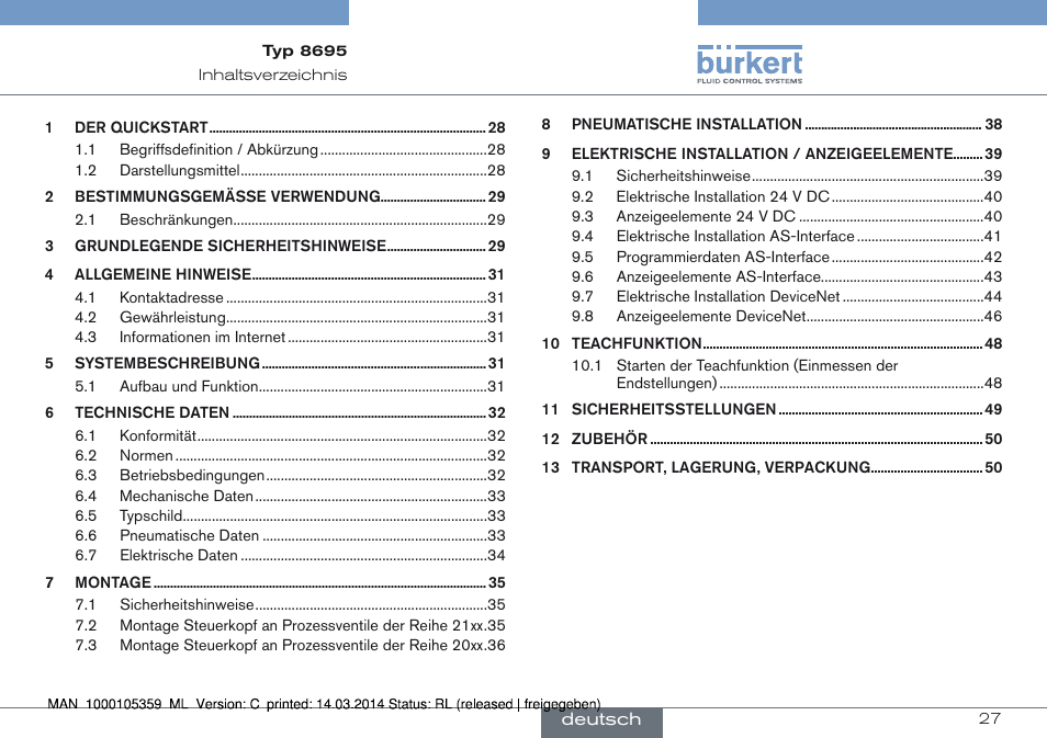 Deutsch | Burkert Type 8695 User Manual | Page 27 / 76