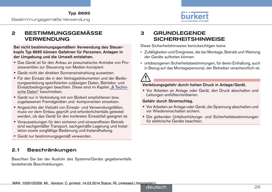 2 bestimmungsgemässe verwendung, 1 beschränkungen, 3 grundlegende sicherheitshinweise | Burkert Type 8695 User Manual | Page 29 / 76