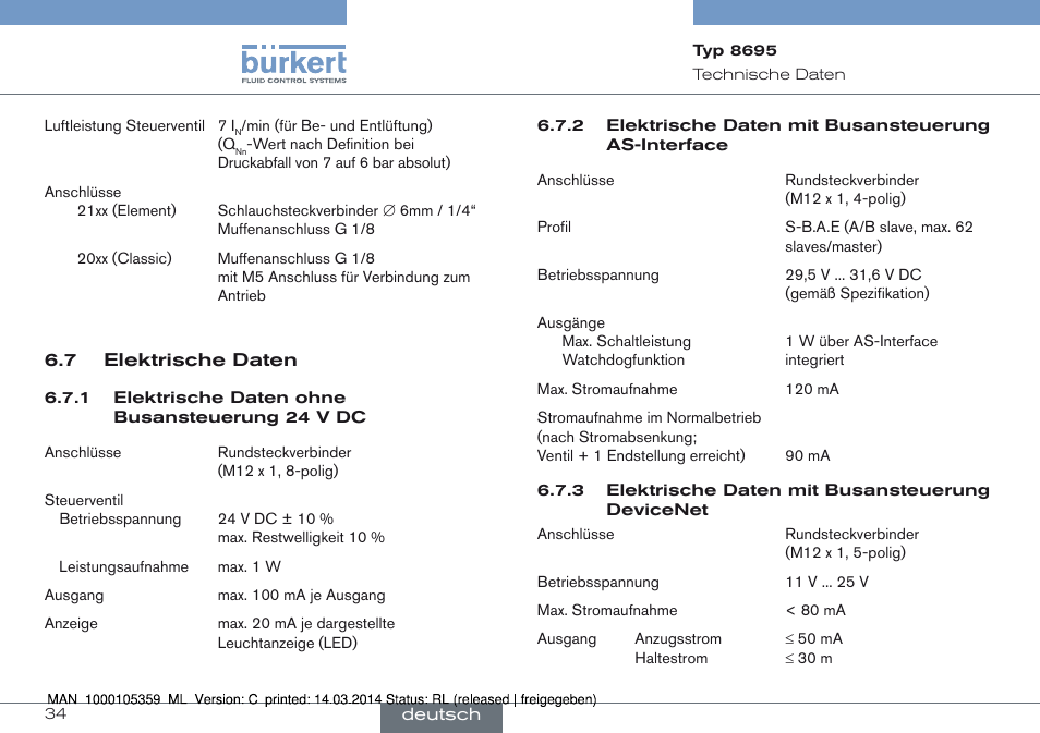 7 elektrische daten | Burkert Type 8695 User Manual | Page 34 / 76