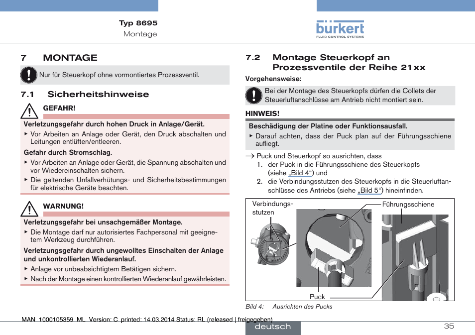 7 montage | Burkert Type 8695 User Manual | Page 35 / 76