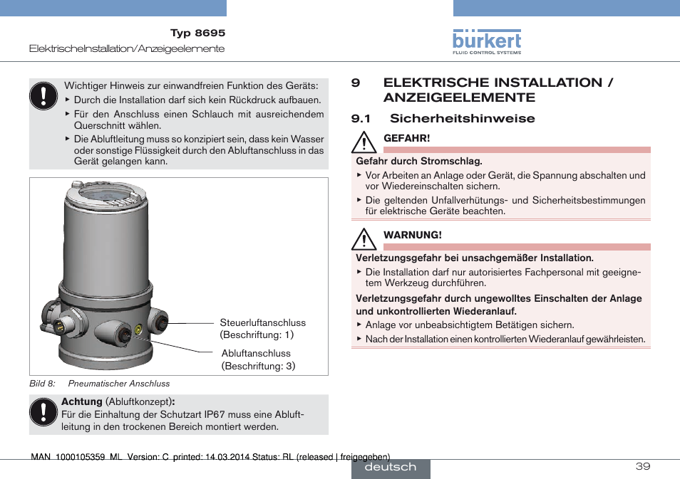 9 elektrische installation / anzeigeelemente, 1 sicherheitshinweise | Burkert Type 8695 User Manual | Page 39 / 76