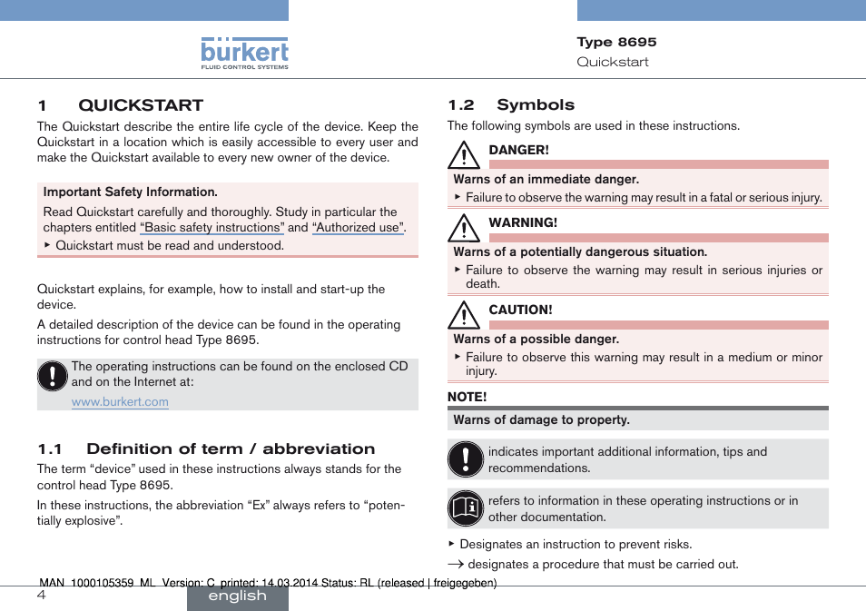 1 quickstart, 1 definition of term / abbreviation 1.2 symbols | Burkert Type 8695 User Manual | Page 4 / 76