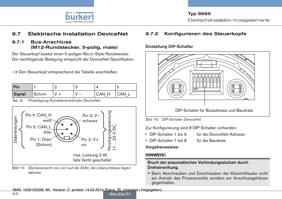 7 elektrische installation devicenet | Burkert Type 8695 User Manual | Page 44 / 76