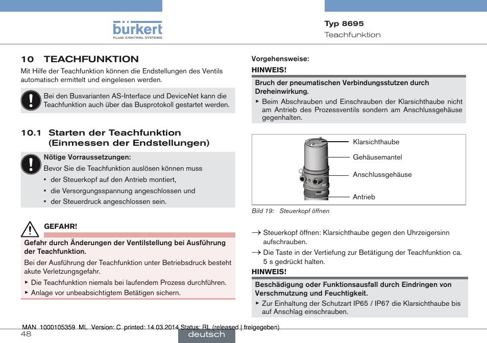 10 teachfunktion, 1 starten der teachfunktion (einmessen der, Endstellungen) | Burkert Type 8695 User Manual | Page 48 / 76